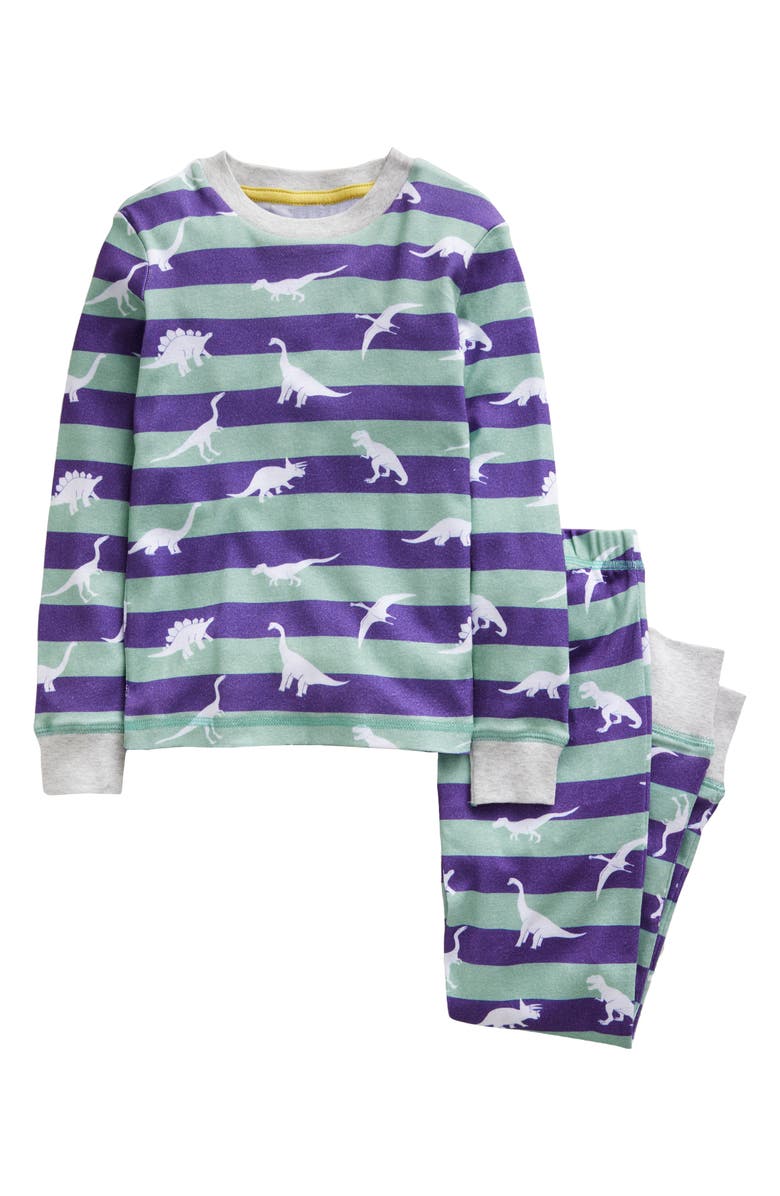 Mini Boden Kids' Stripe Dino Glow in the Dark Fitted Two-Piece Cotton Pajamas, Main, color,