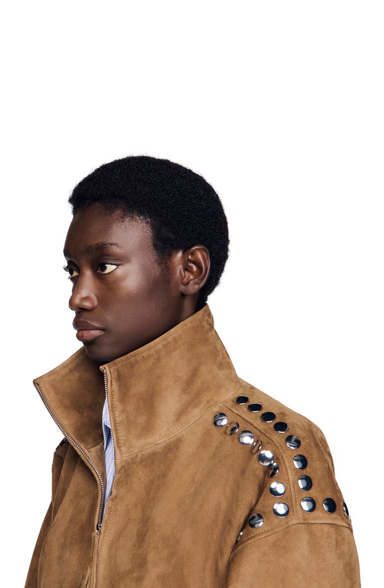SANDRO Studded suede jacket, Alternate, color, Camel