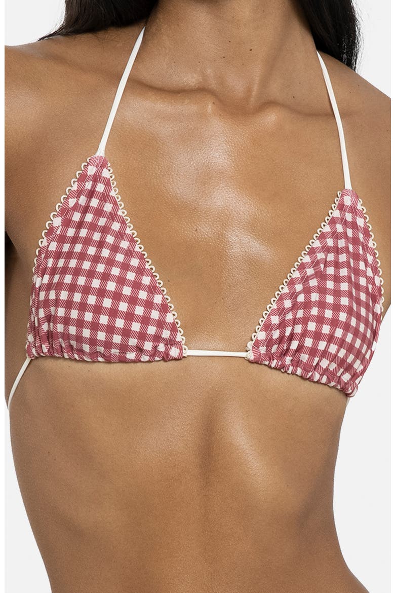 Gingham Picot Trim Triangle Bikini Top, Alternate, color, RED