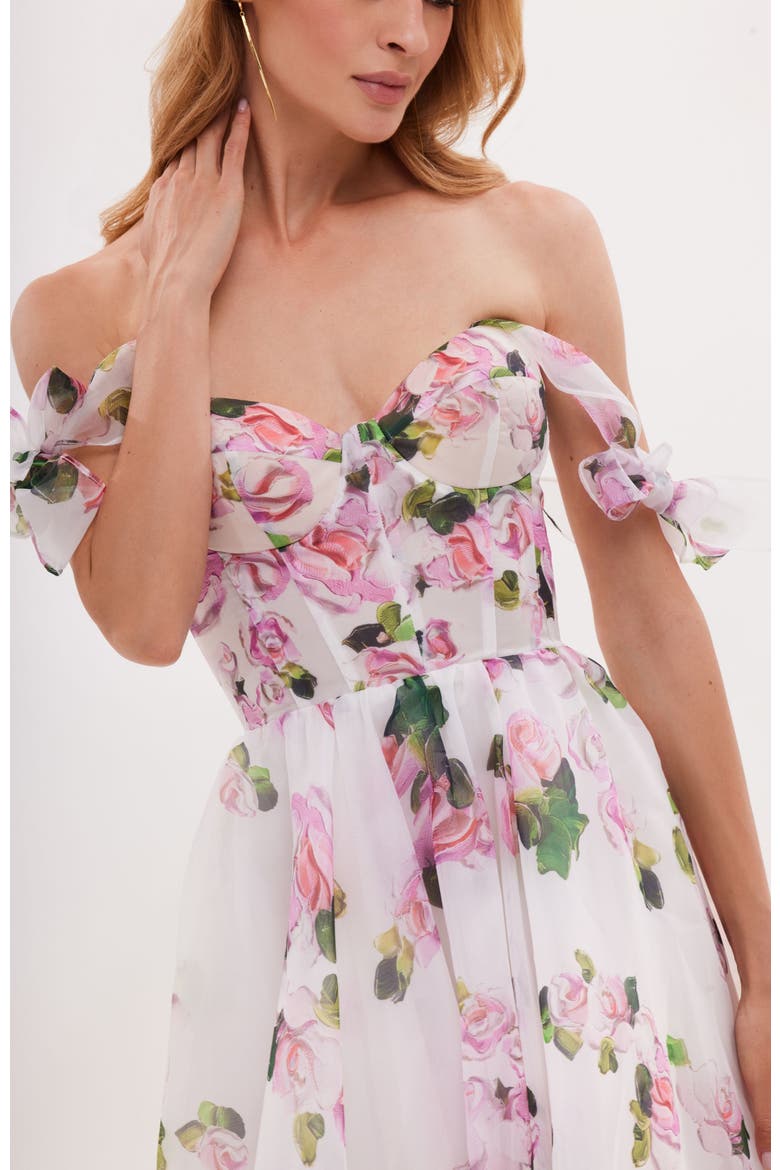 A-Line Satin Floral Midi Dress with Tie Straps for Cocktail Events, Alternate, color, Apple Blossom