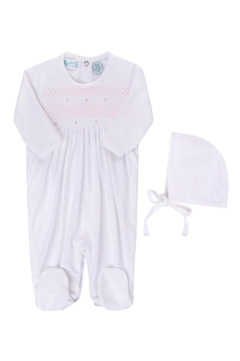 Smocked Cotton Footie & Bonnet Set, Main, color, WHITE/PINK