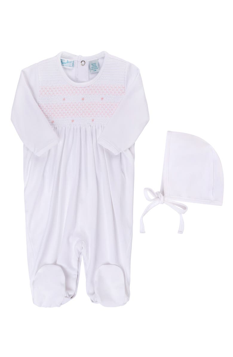 Feltman Brothers Smocked Cotton Footie & Bonnet Set, Main, color, Pink
