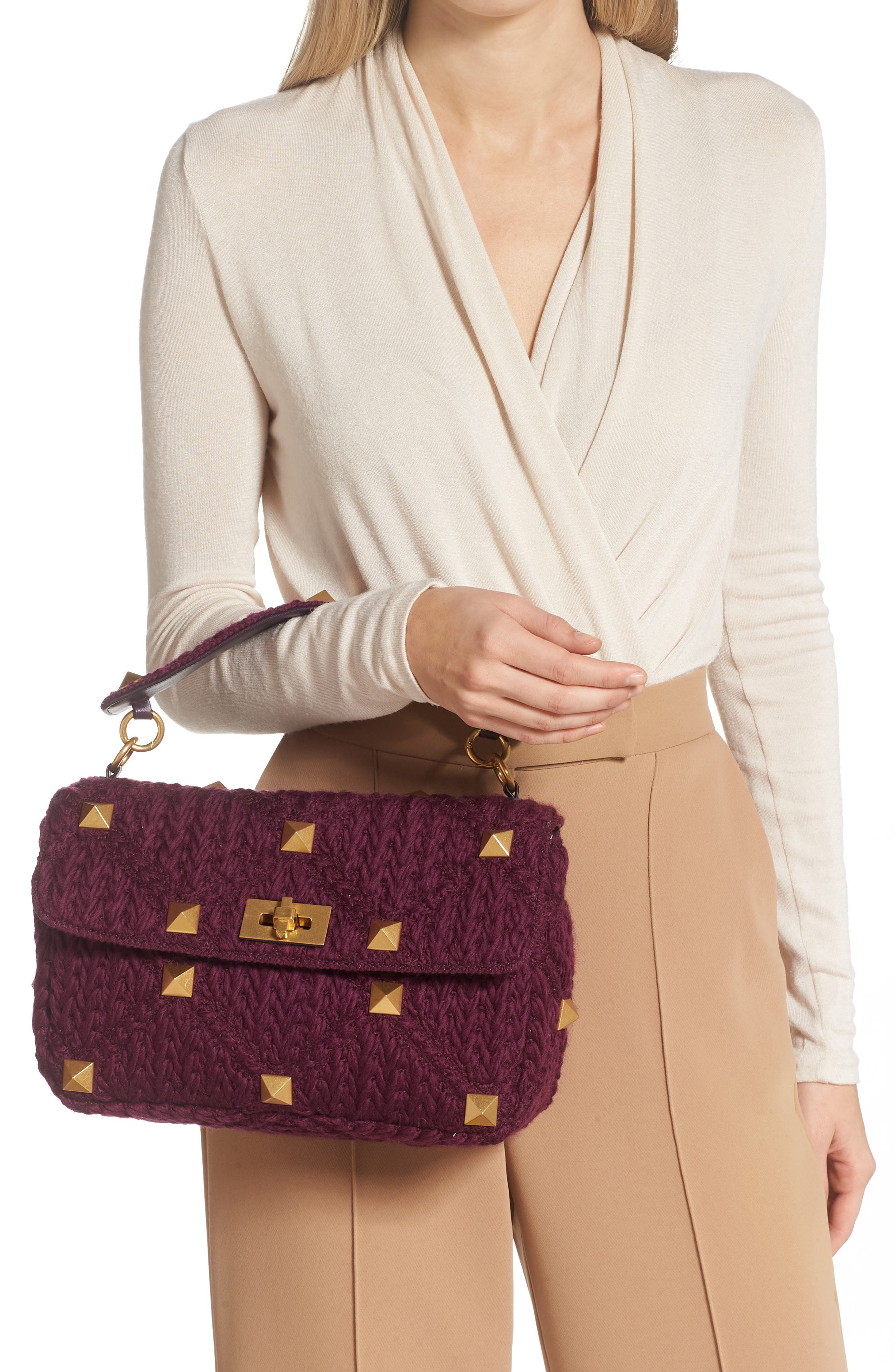 Valentino Garavani Large Roman Stud Knit Top Handle Bag, Alternate, color, 