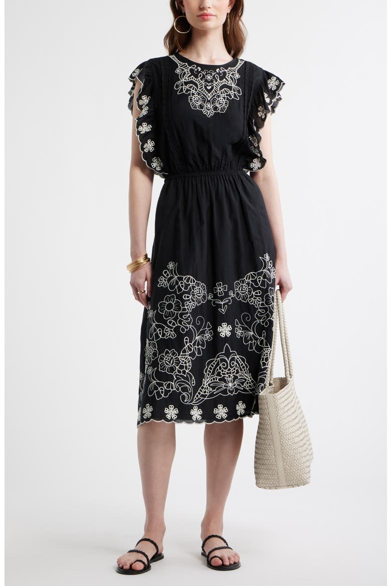 Floral Embroidered Flutter Sleeve Midi Dress, Alternate, color, BLACK