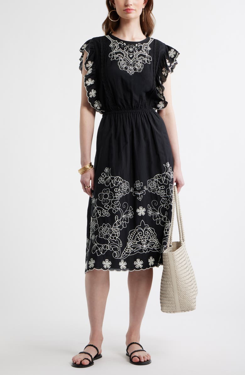 Treasure & Bond Floral Embroidered Flutter Sleeve Midi Dress, Alternate, color, Black