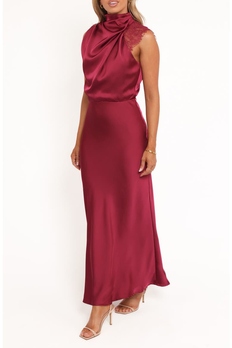 Anabelle Mock Neck Satin Maxi Dress, Alternate, color, BERRY