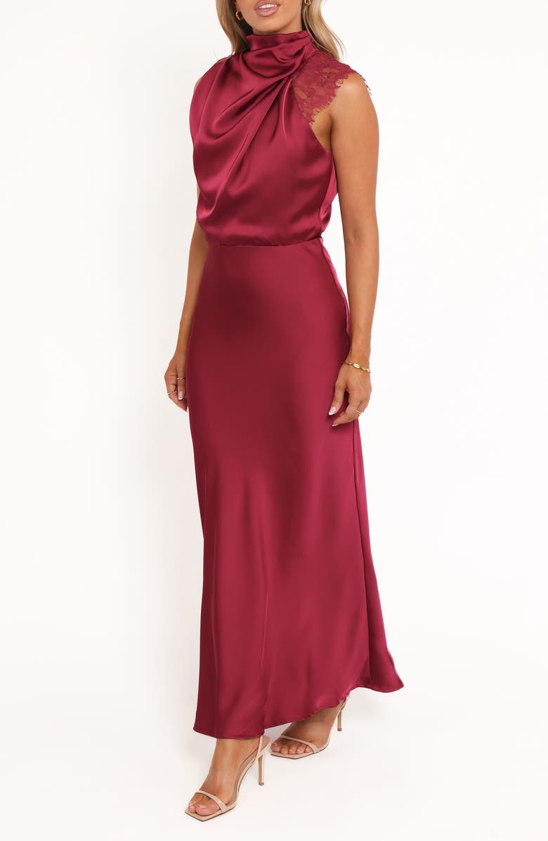 Petal & Pup Anabelle Mock Neck Satin Maxi Dress, Alternate, color, Berry