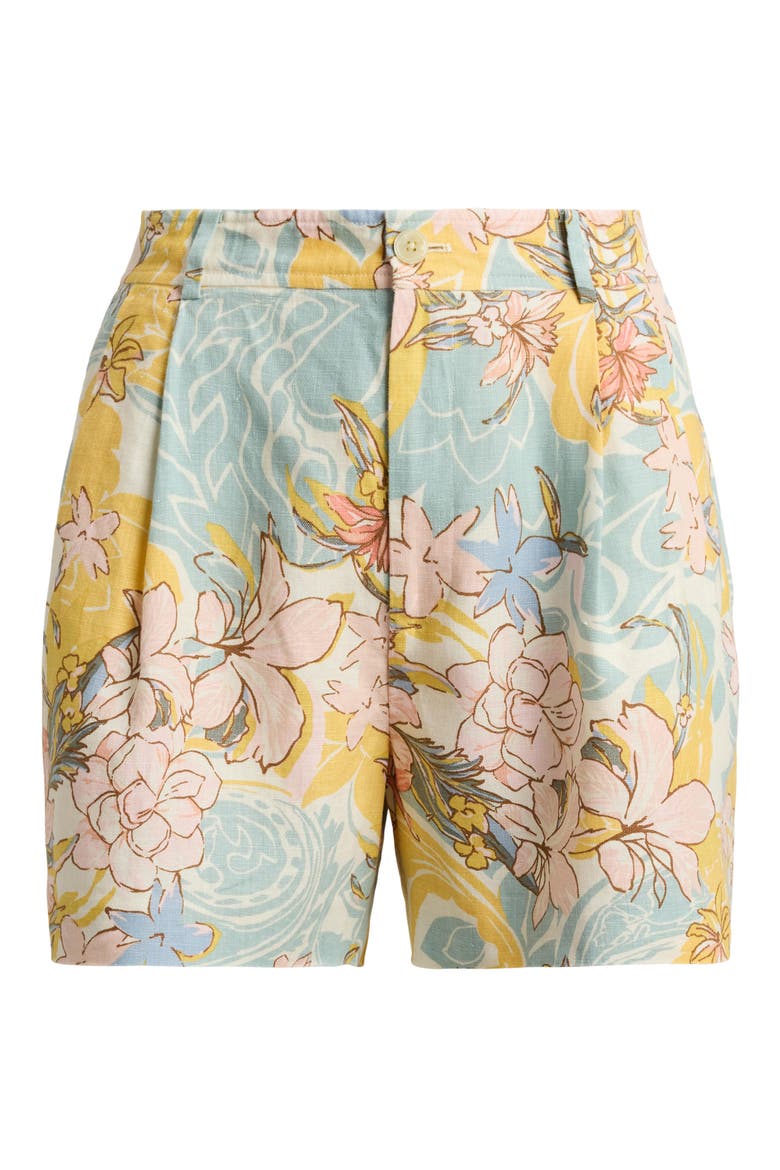 Floral Pleated Linen Short, Alternate, color, CREAM/ BLUE MULTI