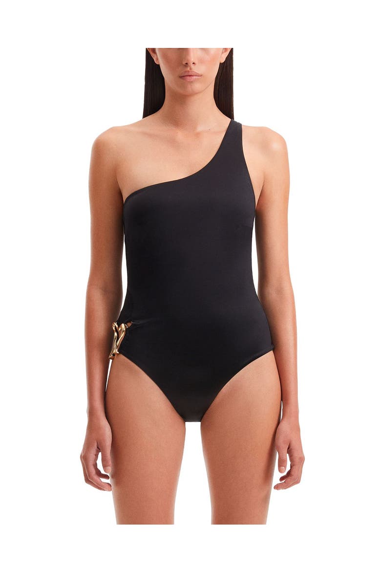 Kaimana One Shoulder Satin Swimsuit, Main, color, Black