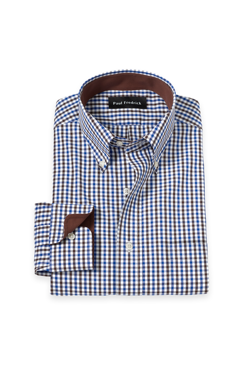 Cotton Buttondown Collar Broadcloth Tailored Contrast Trim Button Cuff Long Sleeve Shirt, Main, color, Blue/Brown