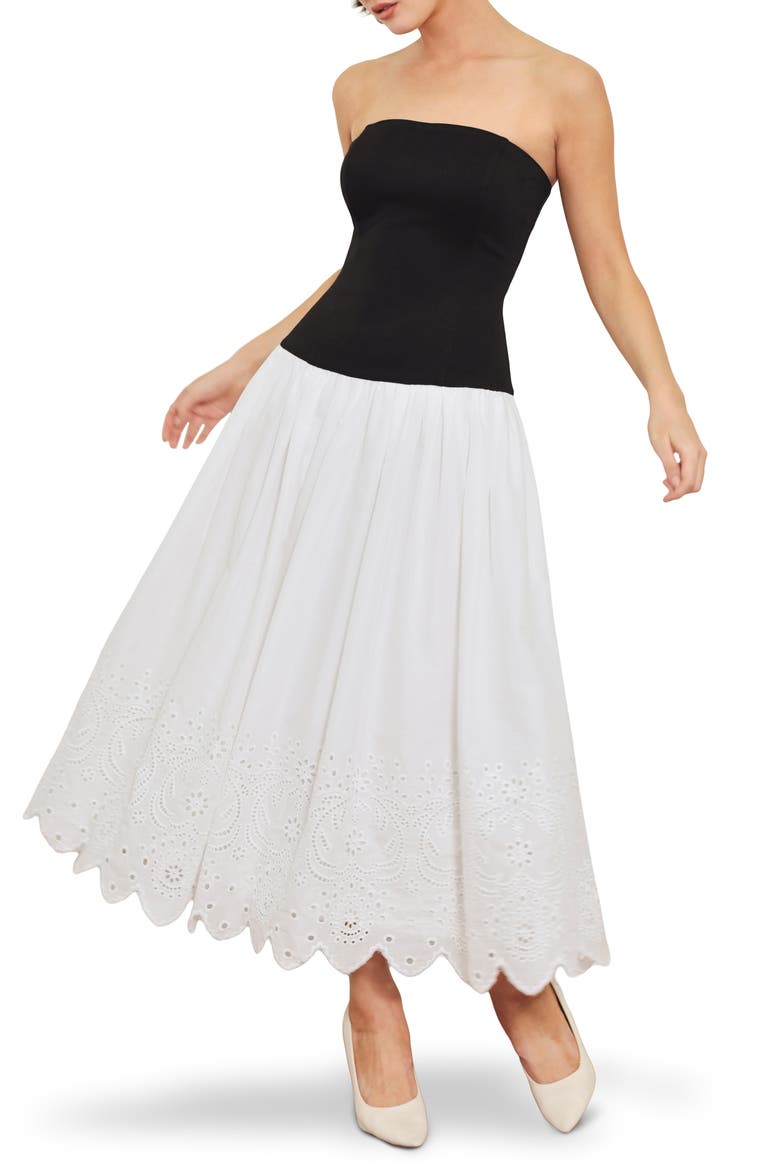 Strapless Mixed Media Maxi Dress, Main, color, WHITE/ BLACK