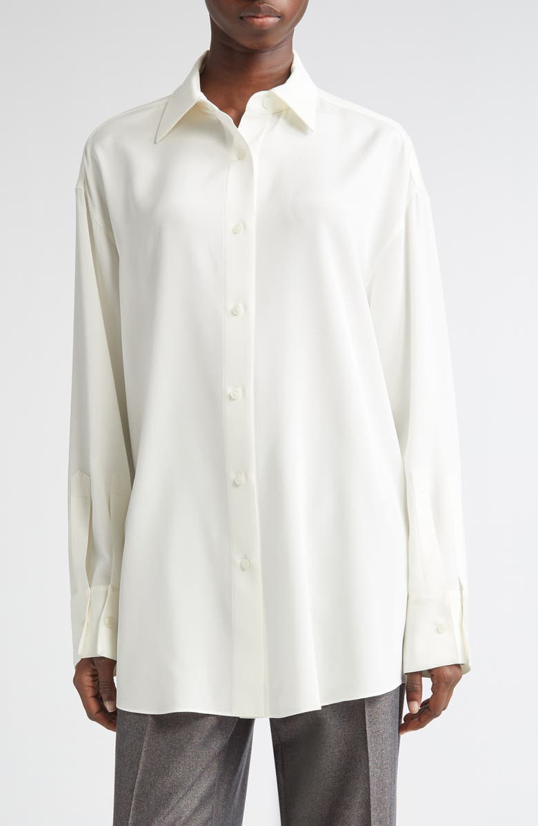 Lafayette 148 New York Oversize Point Collar Stretch Silk Button-Up Shirt, Main, color, Cloud