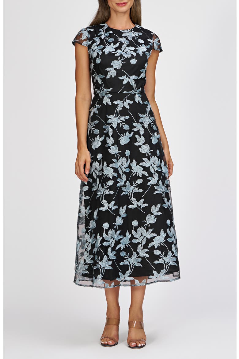 Yvette Embroidered Midi Dress, Main, color, BLACK/ SEA ANGEL