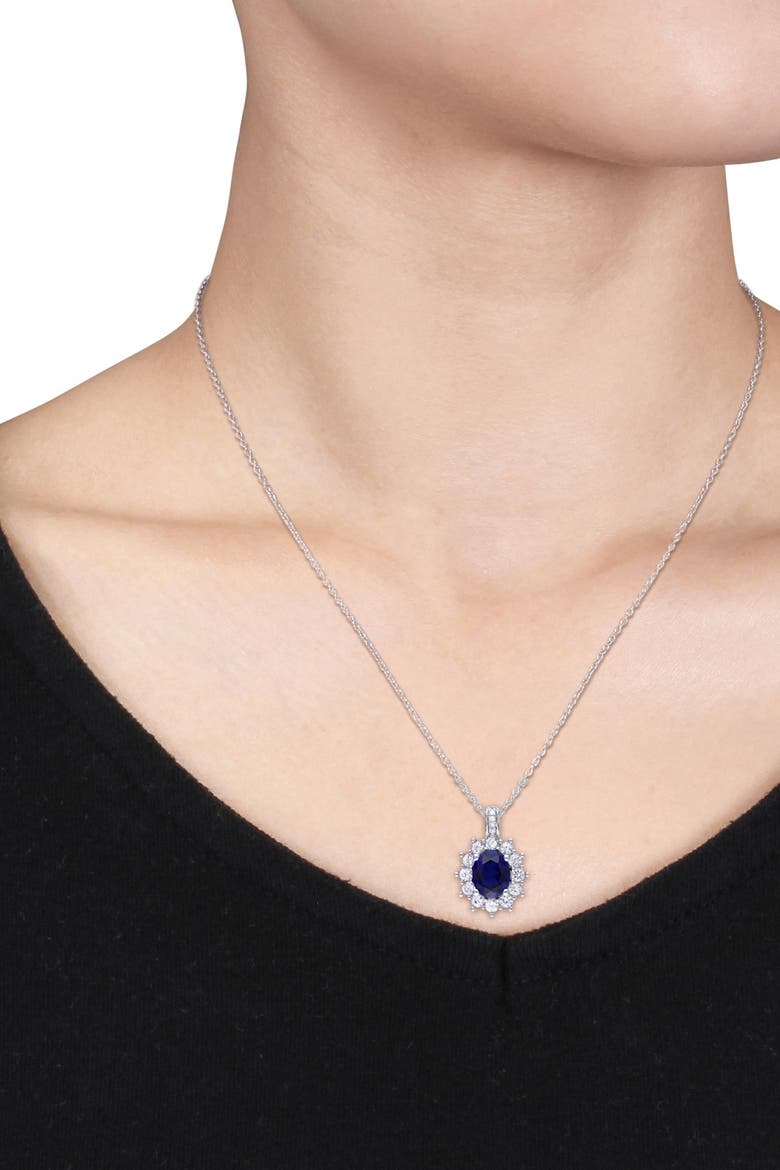 Sterling Silver Oval Lab Created Blue & White Sapphire Diamond Pendant Necklace - 0.02ct., Alternate, color, BLUE