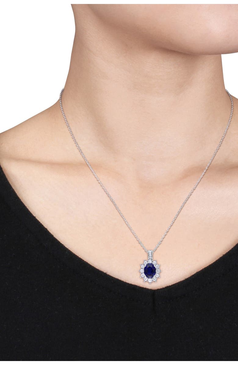 DELMAR Sterling Silver Oval Lab Created Blue & White Sapphire Diamond Pendant Necklace - 0.02ct., Alternate, color, Blue