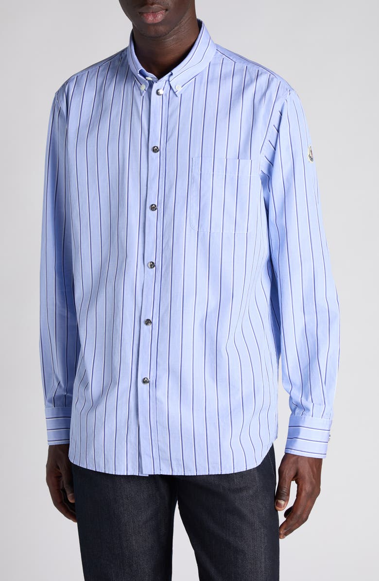 Moncler Logo Patch Stripe Cotton Poplin Button-Down Shirt, Main, color, Light Blue