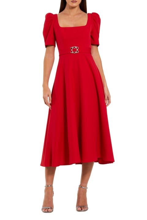 Square Neck Short Sleeve Midi Dress With Belt