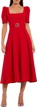 Mac Duggal Square Neck Short Sleeve Midi Dress With Belt