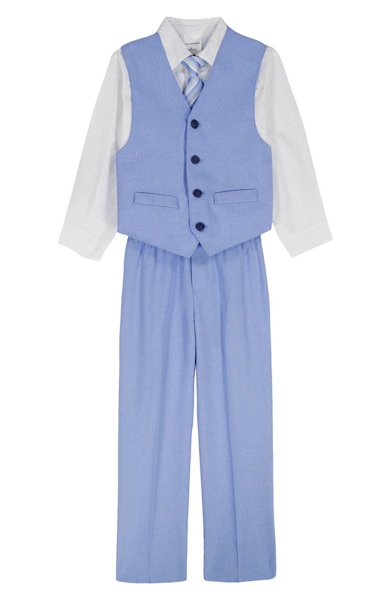VAN HEUSEN Kids' Polka Dot Button-Up Shirt, Vest, Pants & Stripe Tie Set, Main, color, Med Blue