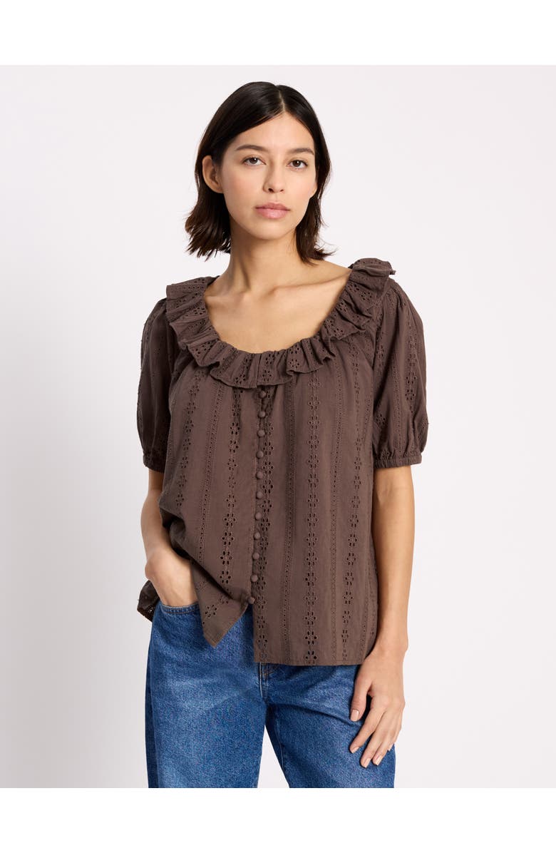 Albaray Ruffle Neck Button-Front Blouse, Main, color, Brown