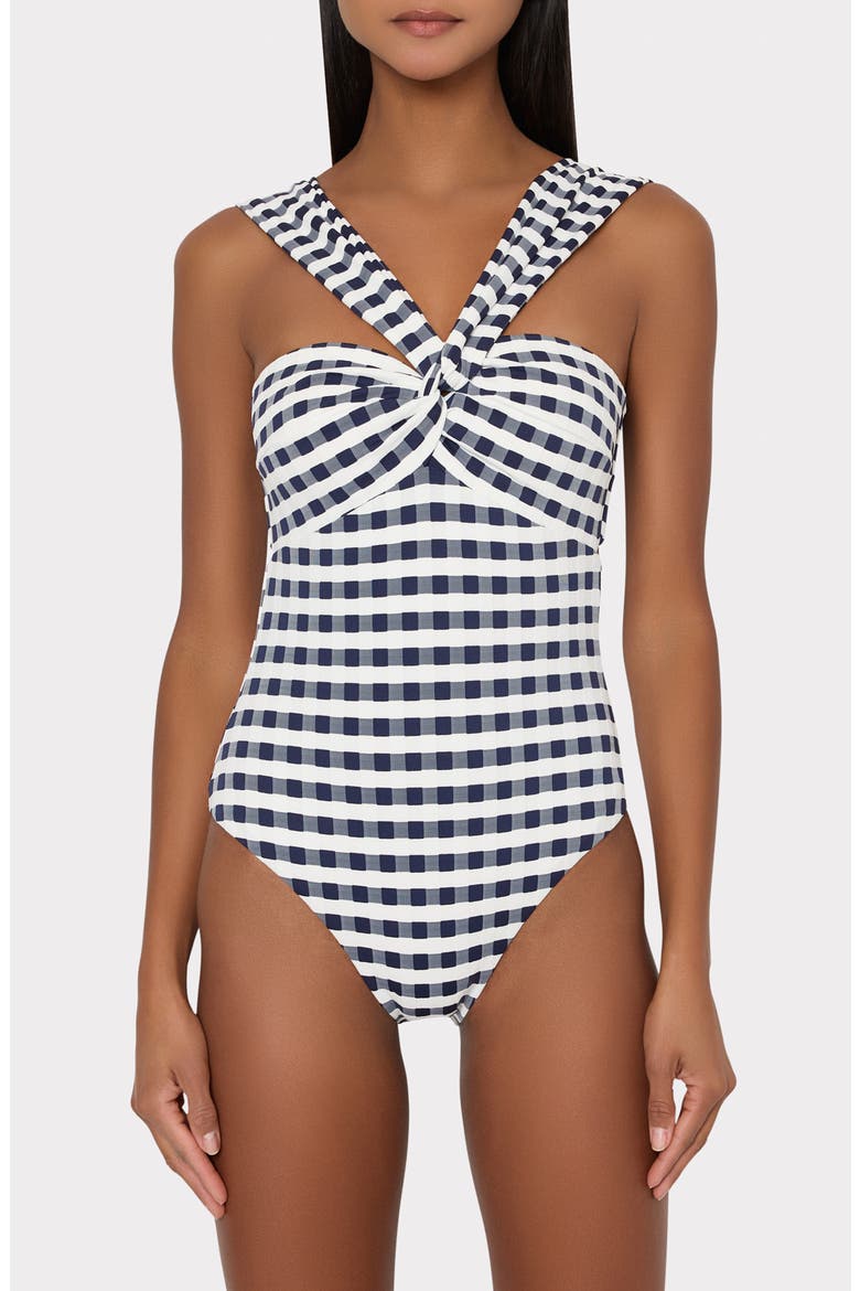 Betsy Cottage Jacquard Convertible One-Piece Swimsuit, Main, color, NAVY/ WHITE