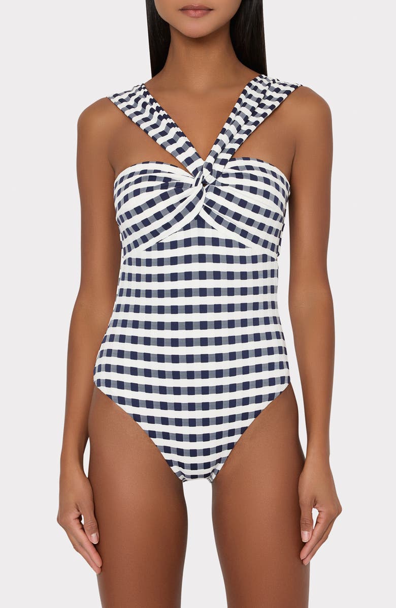 Milly Betsy Cottage Jacquard Convertible One-Piece Swimsuit, Main, color, Navy/ White