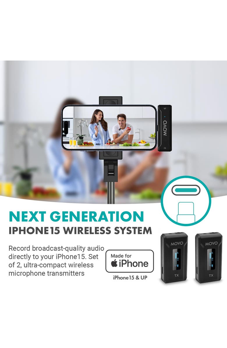 MOVO WMX-2-C-DUO Dual Wireless Lavalier Microphone System with Charging Case for iPhone 15 and up, Alternate, color, Black