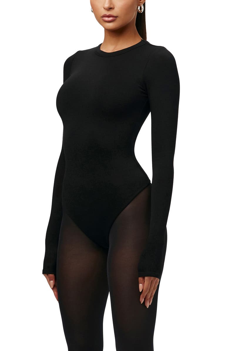 Naked Wardrobe Sculpt Crewneck Bodysuit, Alternate, color, Black