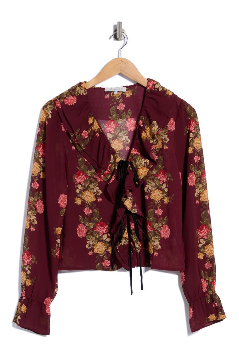 Floral Ruffle Top with Front Ties, Main, color, BURGUNDY FLORAL