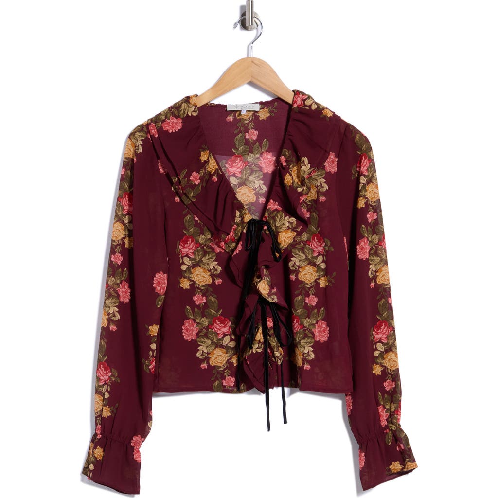 Wayf Floral Ruffle Top With Front Ties In Burgundy Floral