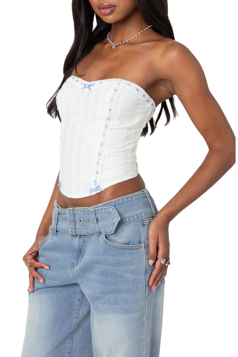 Mist Lacey Ribbon Corset Crop Top, Alternate, color, WHITE