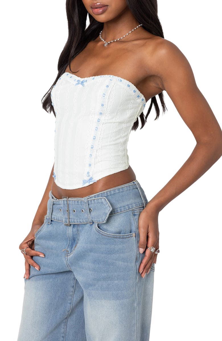 EDIKTED Mist Lacey Ribbon Corset Crop Top, Alternate, color, White
