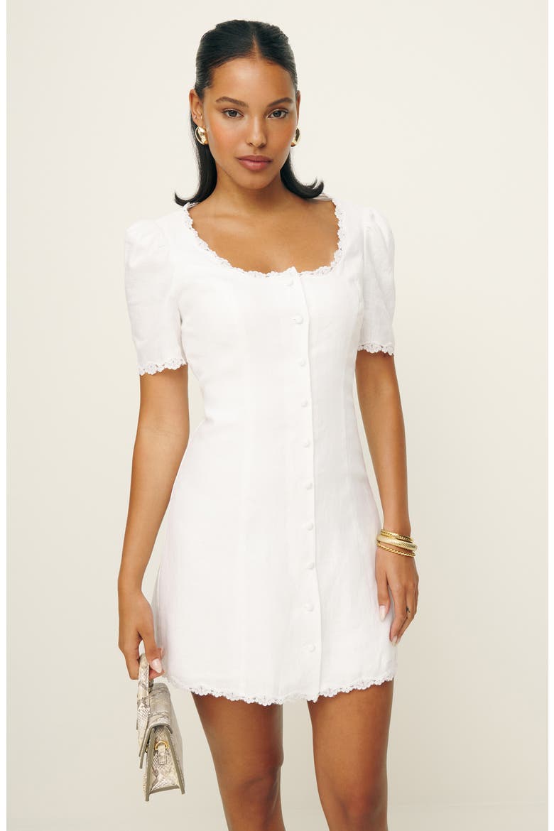 Annabella Lace Trim Linen Minidress, Alternate, color, WHITE