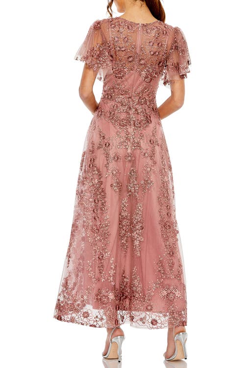Mac Duggal Flutter Sleeve Faux Wrap V Neck Embellished Tea Length Dress In Pink