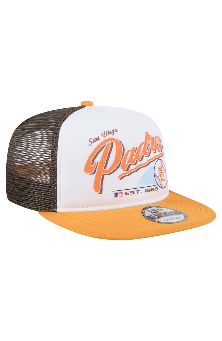 New Era Men's New Era White/Gold San Diego Padres Retro Script Trucker 9FIFTY Snapback Hat, Alternate, color, White