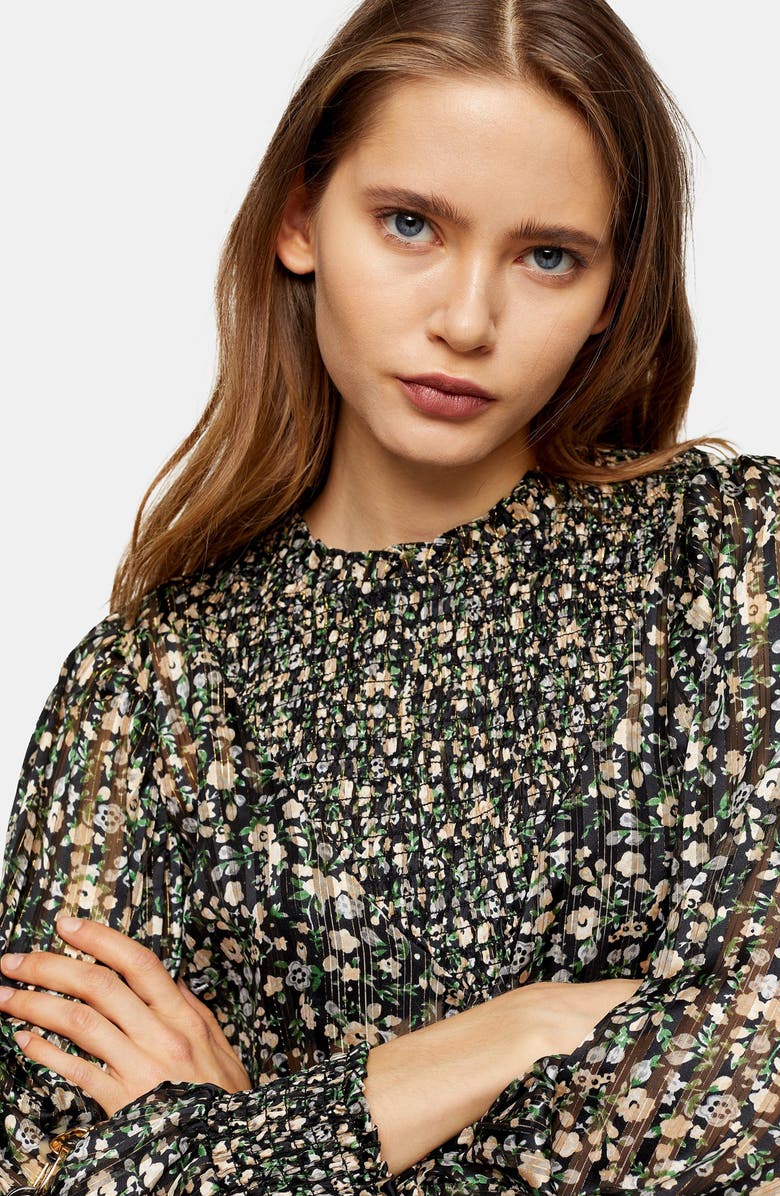 Topshop Metallic Floral Smocked Top, Alternate, color, 