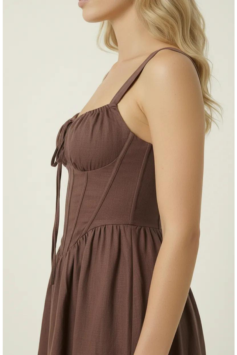 Sweetheart Corset Bodice Gathered Bust Flared Skirt Mini Dress, Alternate, color, Brown