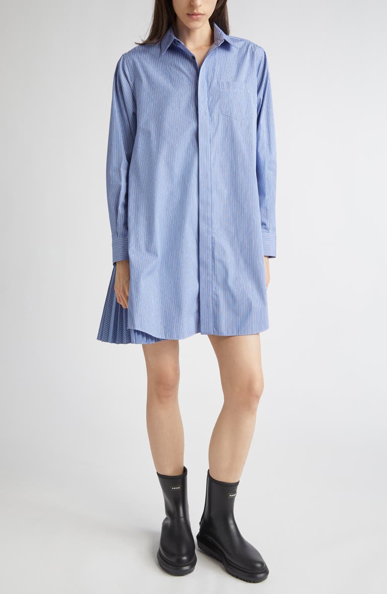 Sacai Stripe Long Sleeve Poplin Shirtdress, Main, color, Blue Stripe