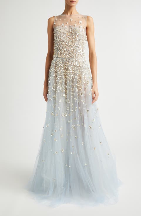 Mother Of Pearl Embroidered Sleeveless Tulle Gown