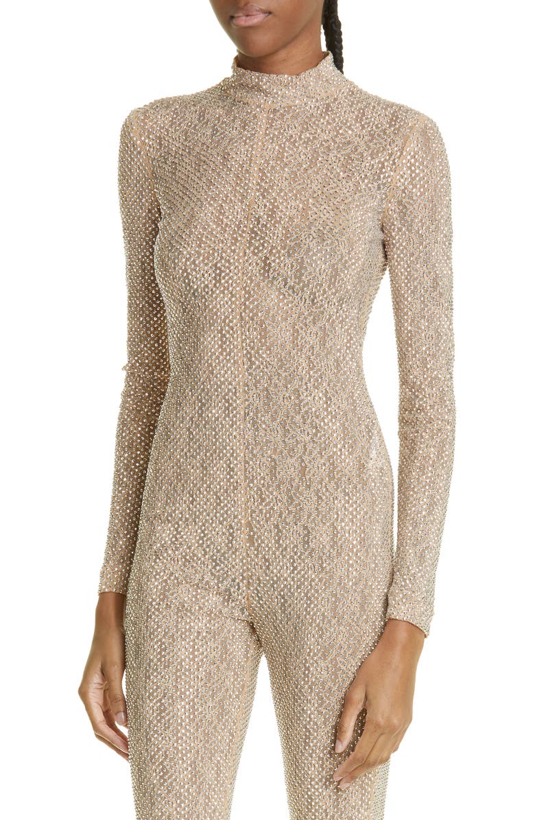 Stella McCartney Crystal Embellished Floral Lace Catsuit, Alternate, color, Light Beige
