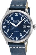 GEVRIL Vaughn Leather Strap Automatic Watch, 44mm
