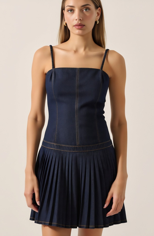Modenaire Denim Mini Dress With Spaghetti Straps And Pleated Skirt In Blue