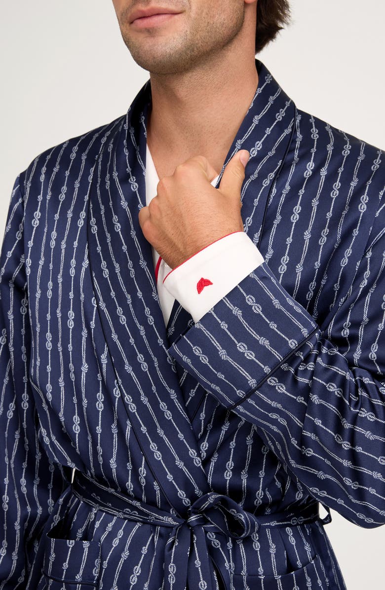 Petite Plume Nautical Stripe Mulberry Silk Robe, Alternate, color, Navy