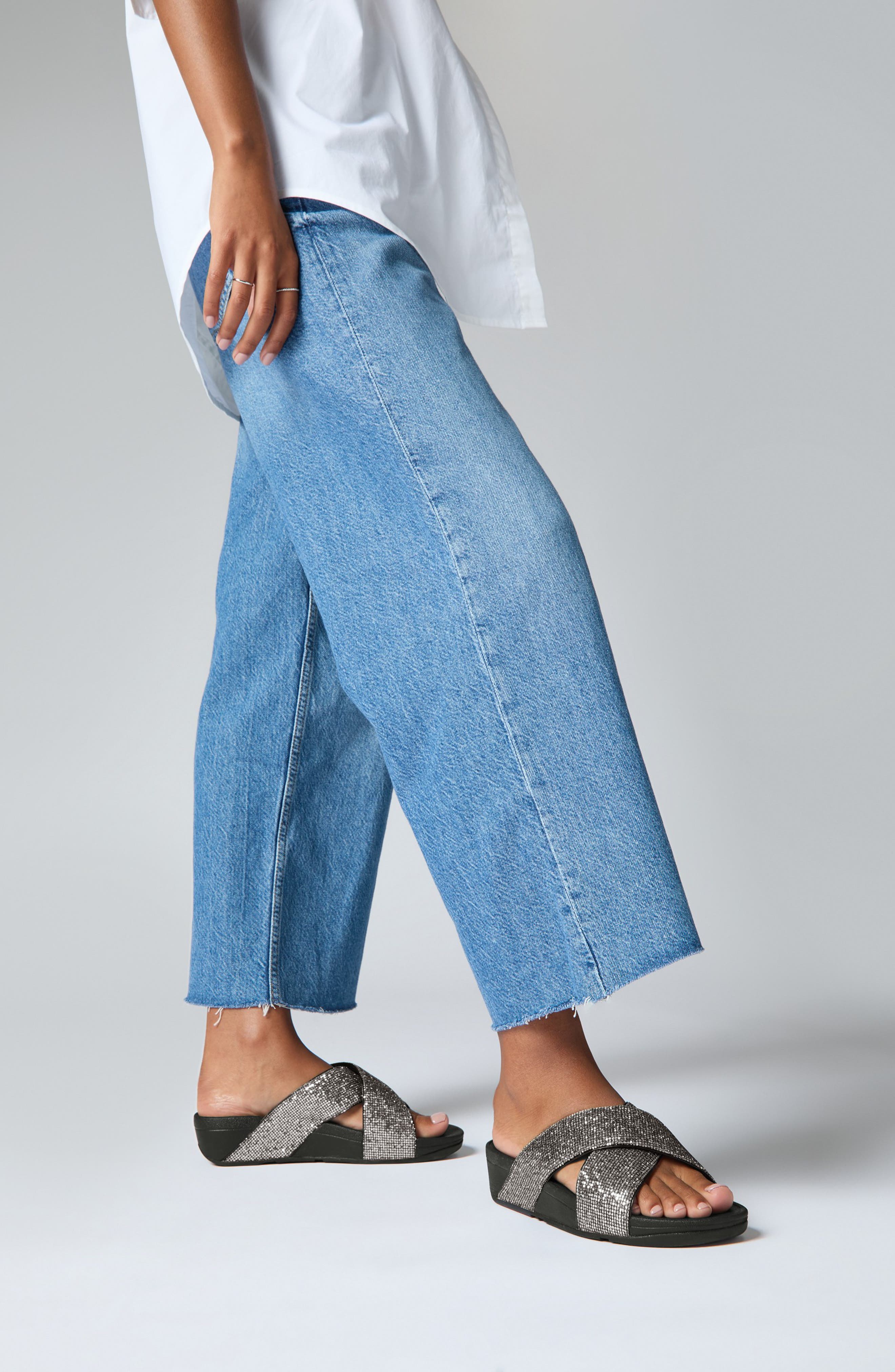 FitFlop Lulu Glitterball Platform Wedge Slide Sandal, Alternate, color, Silver