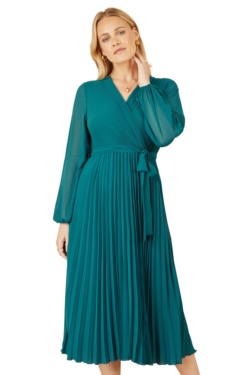 Yumi Long Sleeved Pleated Midi Wrap Dress, Alternate, color, Teal