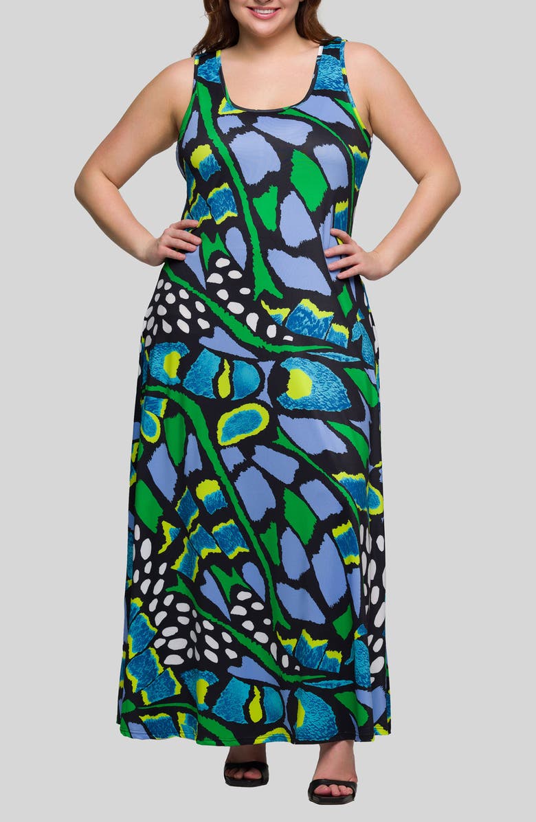 24seven Comfort Apparel Print Sleeveless Maxi Dress, Main, color, Green Multi