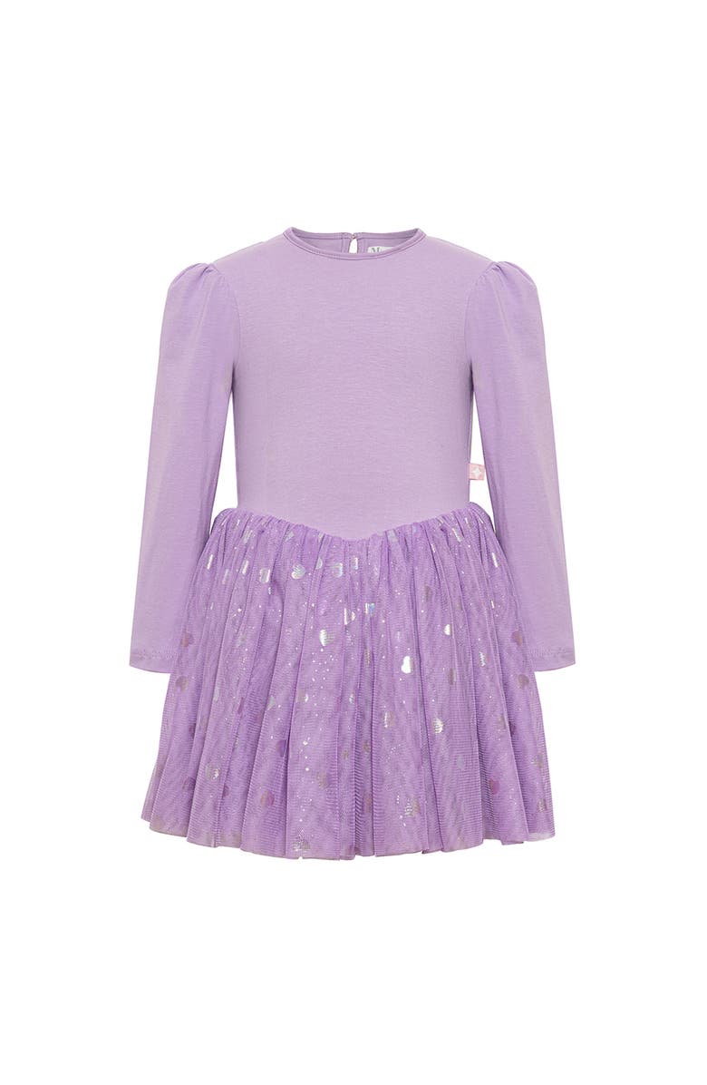 Mini Celebrities Gleam Long Sleeve Foil Heart Tulle Dress, Main, color, Lilac Dream