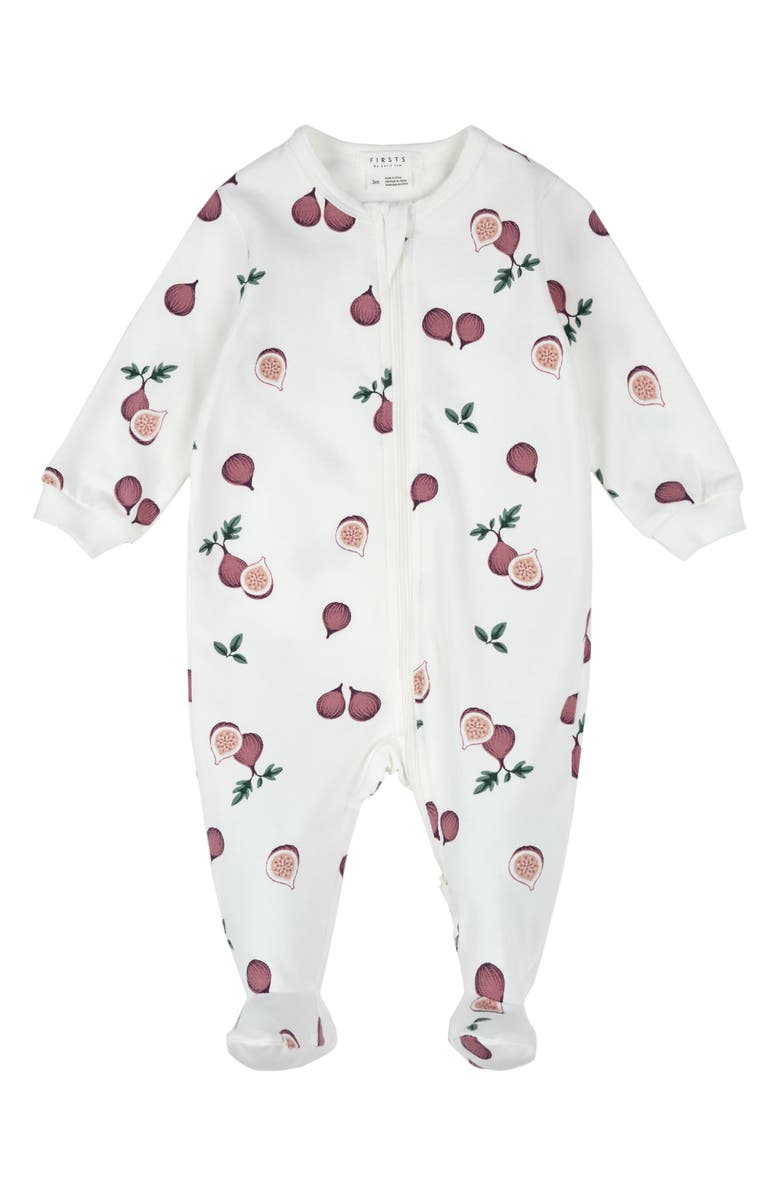 FIRSTS by Petit Lem Figs Print Fitted One-Piece Footed Pajamas, Main, color, Off White