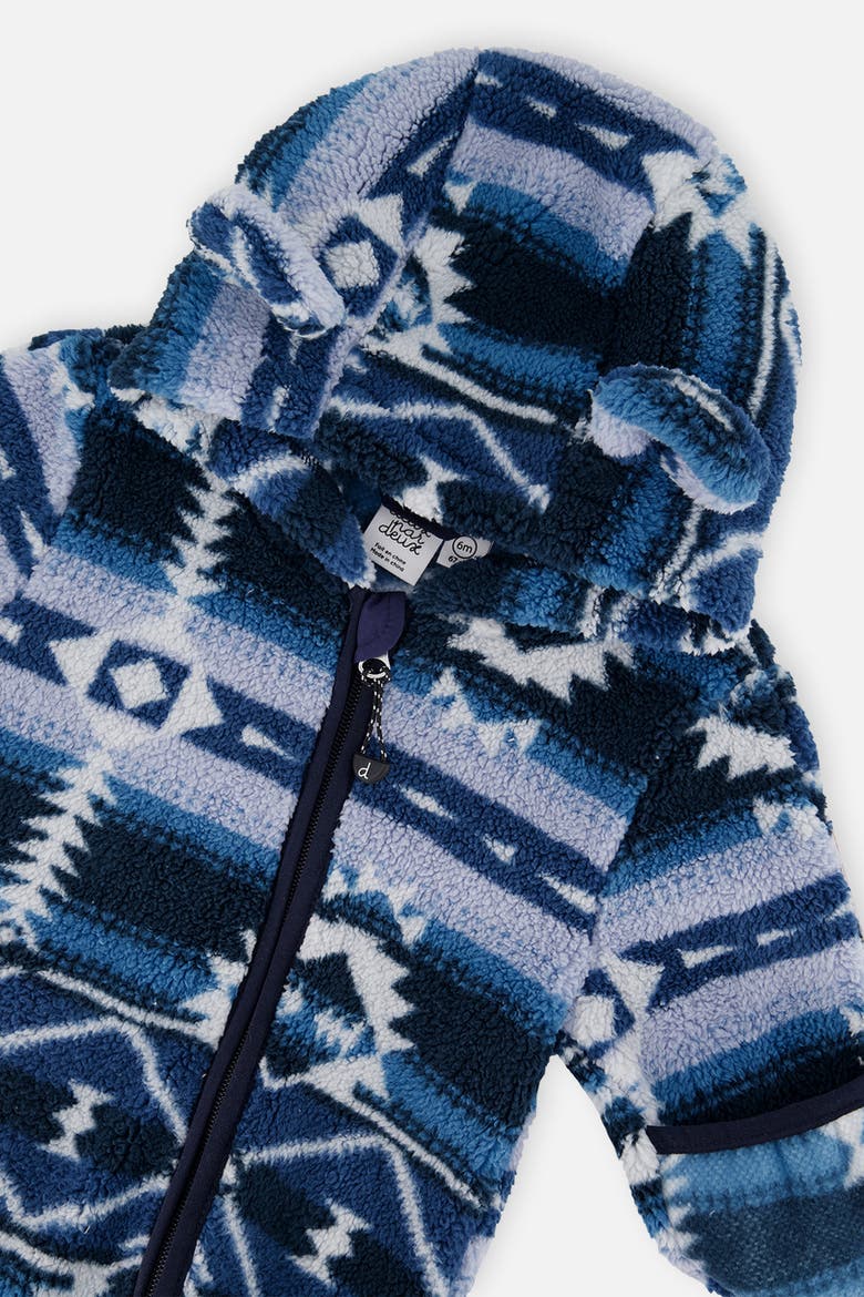 Mid-Season Plush Animal Ear Hood Asymmetrical Zip One-Piece Outerwear, Alternate, color, Aztec Blue