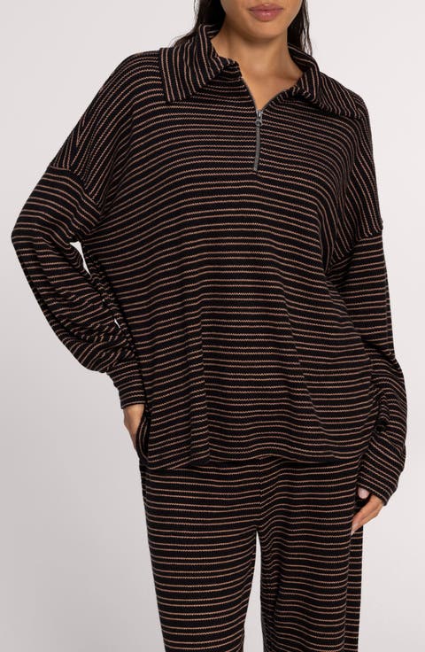 Striped Ribbed Quarter Zip Pullover